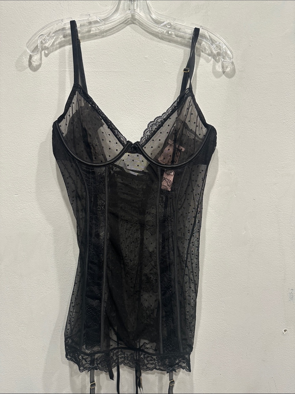 Victoria’s Secret sheer lace garter slip sexy Lingerie Black Boudoir large NWT